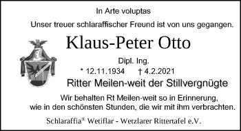 Traueranzeige von Klaus-Peter Otto von 201 Wetzlarer Neue Zeitung