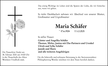 Traueranzeige von Maria Schäfer von 201 Wetzlarer Neue Zeitung