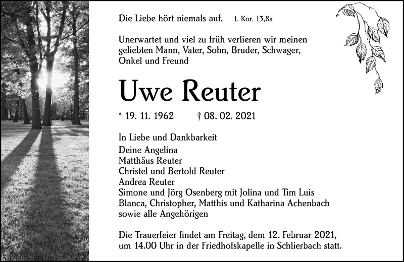  Traueranzeige für Uwe Reuter vom 10.02.2021 aus 205 Hinterländer Anzeiger