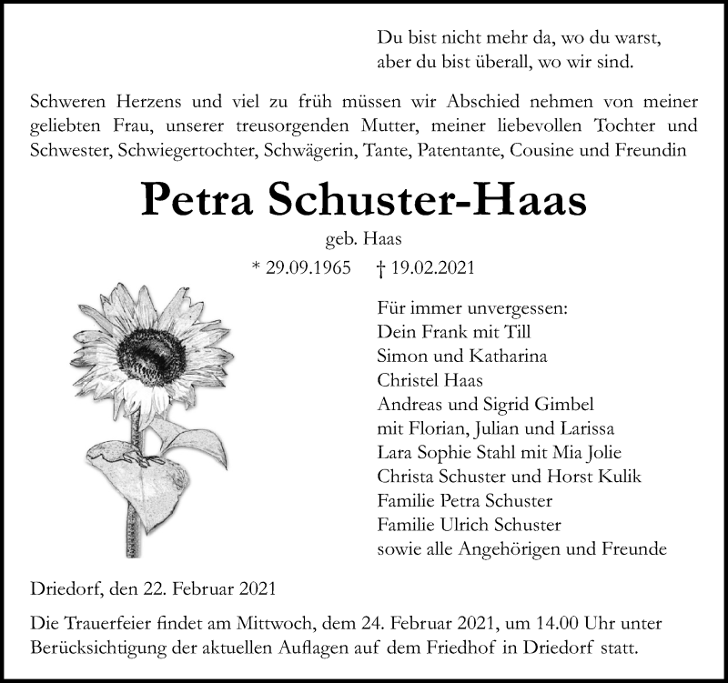  Traueranzeige für Petra Schuster-Haas vom 22.02.2021 aus 202 Dill Block