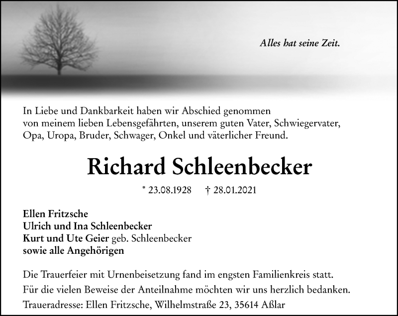  Traueranzeige für Richard Schleenbecker vom 06.02.2021 aus 201 Wetzlarer Neue Zeitung