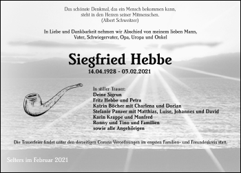 Traueranzeige von Siegfried Hebbe von 206 Weilburger Tageblatt