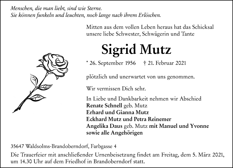 Traueranzeige für Sigrid Mutz vom 26.02.2021 aus 201 Wetzlarer Neue Zeitung