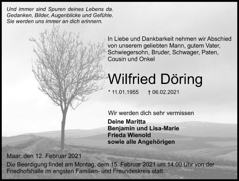  Traueranzeige für Wilfried Döring vom 12.02.2021 aus VRM Trauer