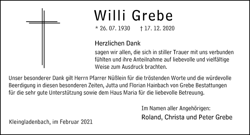  Traueranzeige für Willi Grebe vom 06.02.2021 aus 205 Hinterländer Anzeiger