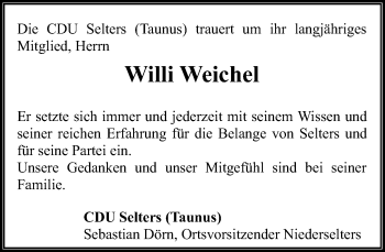 Traueranzeige von Willi Weichel von 582 Camberger Anzeiger