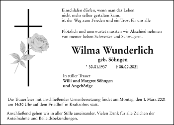 Traueranzeige von Wilma Wunderlich von 201 Wetzlarer Neue Zeitung