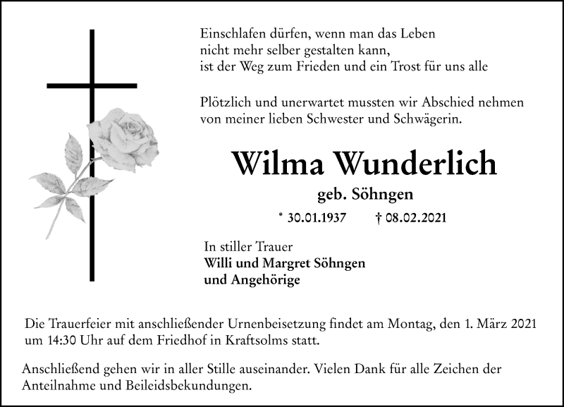  Traueranzeige für Wilma Wunderlich vom 25.02.2021 aus 201 Wetzlarer Neue Zeitung