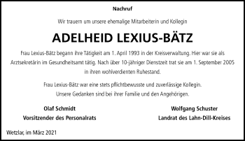Traueranzeige von Adelheid Lexius-Bätz von 201 Wetzlarer Neue Zeitung