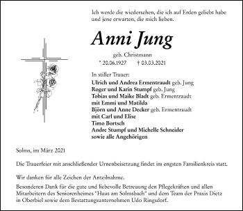 Traueranzeige von Anni Jung von 201 Wetzlarer Neue Zeitung