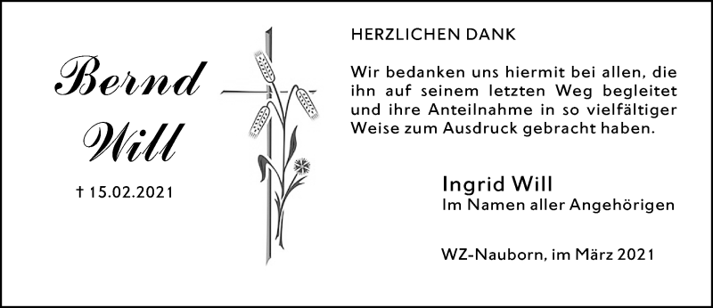  Traueranzeige für Bernd Will vom 27.03.2021 aus 201 Wetzlarer Neue Zeitung
