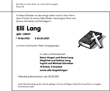 Traueranzeige von Elli Lang von 201 Wetzlarer Neue Zeitung