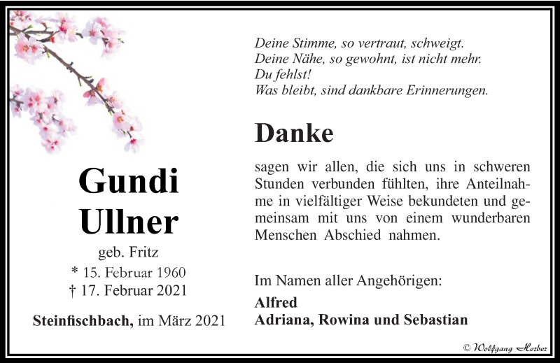  Traueranzeige für Gundi Ullner vom 25.03.2021 aus 582 Camberger Anzeiger