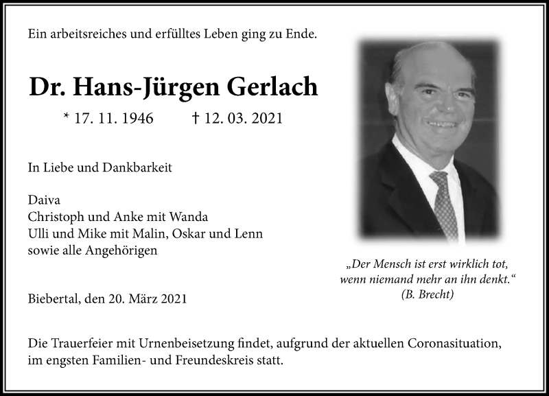  Traueranzeige für Hans-Jürgen Gerlach vom 20.03.2021 aus 201 Wetzlarer Neue Zeitung