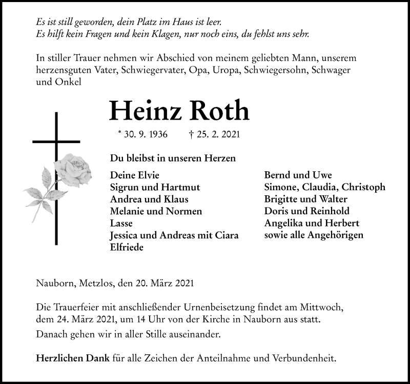  Traueranzeige für Heinz Roth vom 20.03.2021 aus 201 Wetzlarer Neue Zeitung