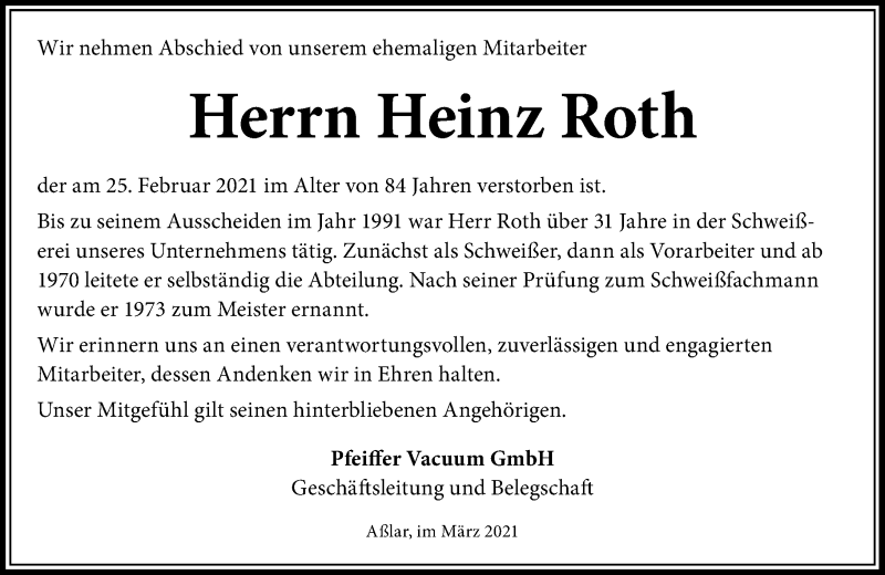  Traueranzeige für Heinz Roth vom 23.03.2021 aus 201 Wetzlarer Neue Zeitung