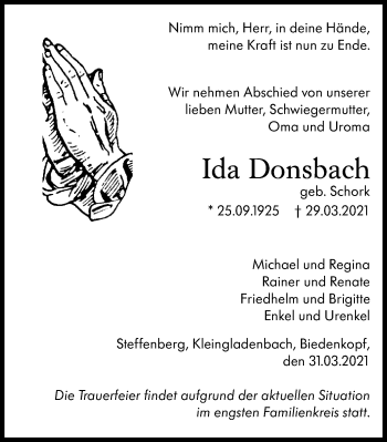 Traueranzeige von Ida Donsbach von 205 Hinterländer Anzeiger