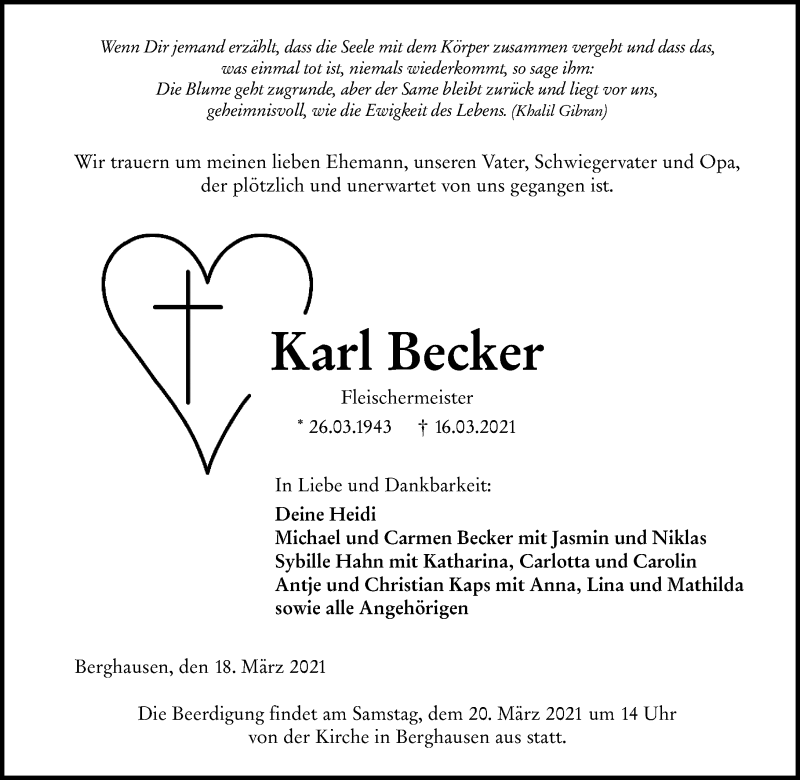  Traueranzeige für Karl Becker vom 18.03.2021 aus 201 Wetzlarer Neue Zeitung