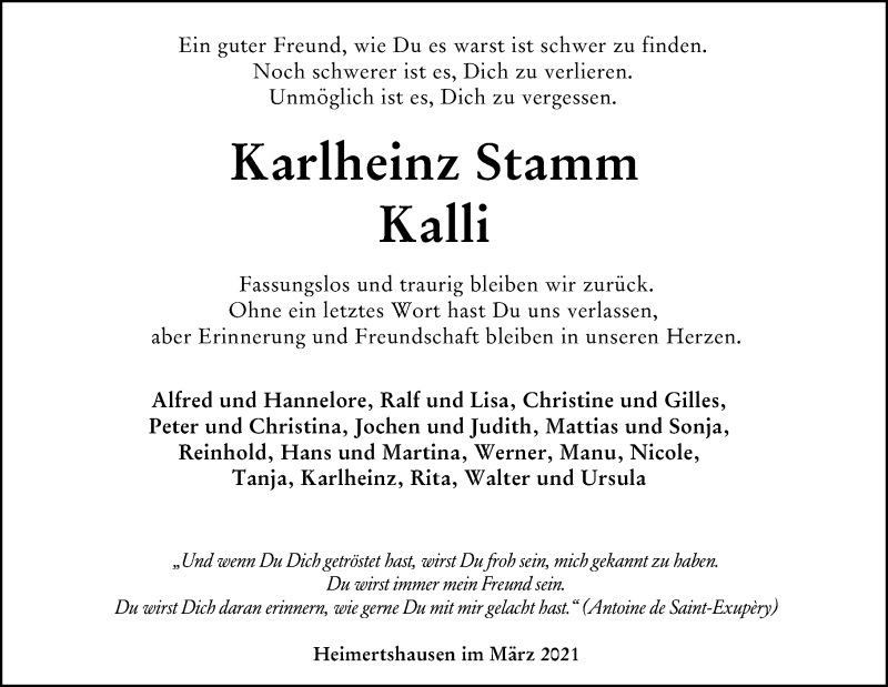  Traueranzeige für Karlheinz Stamm vom 06.03.2021 aus VRM Trauer