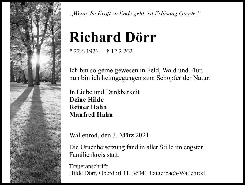  Traueranzeige für Richard Dörr vom 03.03.2021 aus 562 Lauterbacher Anzeiger