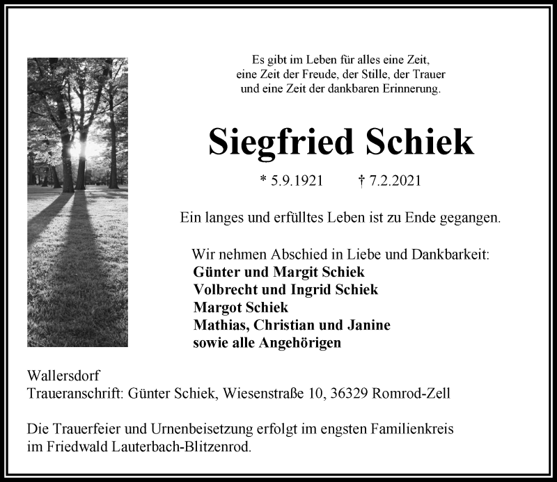  Traueranzeige für Siegfried Schiek vom 03.03.2021 aus 563 Oberhessische Zeitung