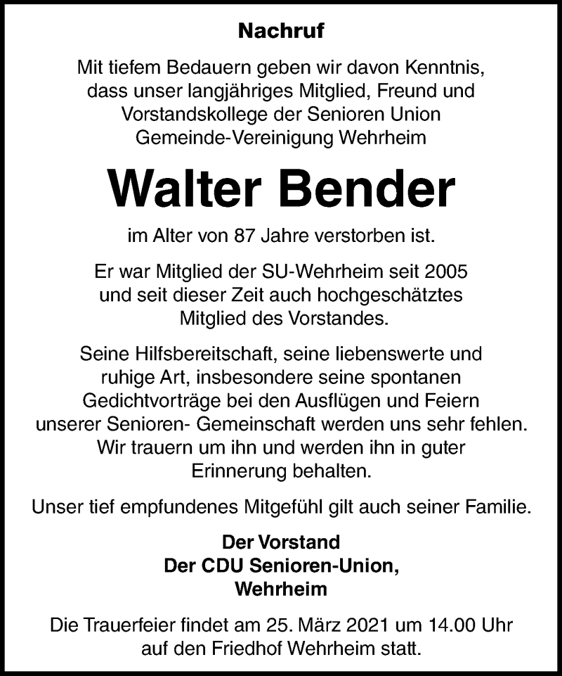  Traueranzeige für Walter Bender vom 13.03.2021 aus 564 Usinger Anzeiger