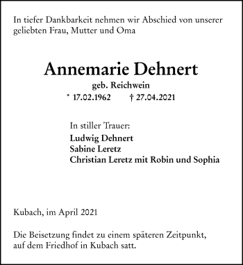 Traueranzeige von Annemarie Dehnert von 206 Weilburger Tageblatt