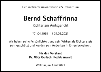 Traueranzeige von Bernd Schaffrinna von 201 Wetzlarer Neue Zeitung