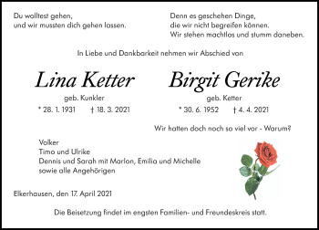 Traueranzeige von Birgit Gerike von 206 Weilburger Tageblatt