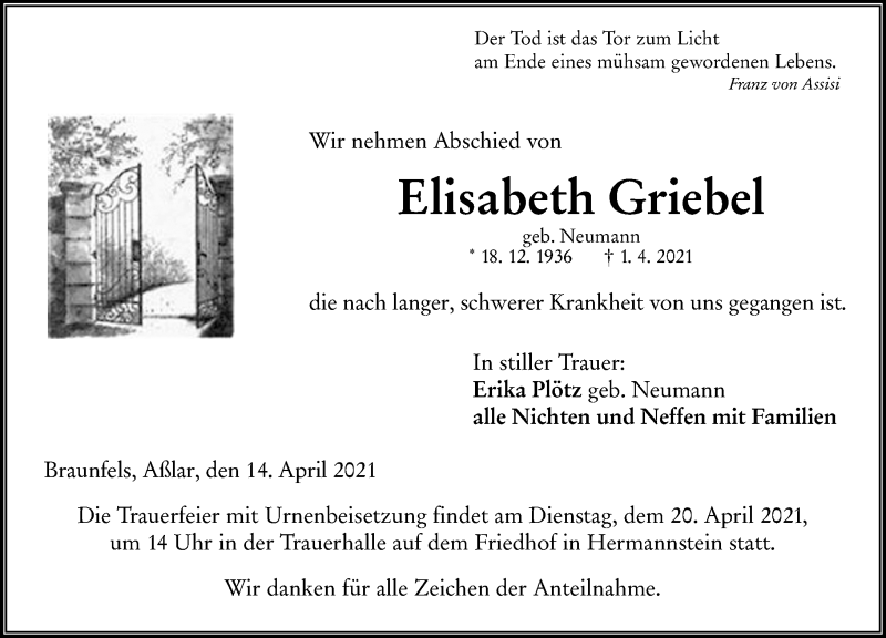  Traueranzeige für Elisabeth Griebel vom 14.04.2021 aus 201 Wetzlarer Neue Zeitung