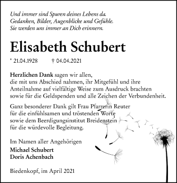 Traueranzeige von Elisabeth Schubert von 205 Hinterländer Anzeiger