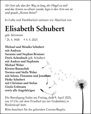 Traueranzeige von Elisabeth Schubert von 205 Hinterländer Anzeiger