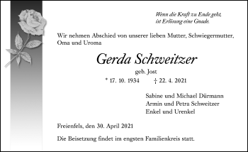 Traueranzeige von Gerda Schweitzer von 206 Weilburger Tageblatt
