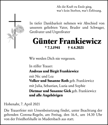 Traueranzeige von Günter Frankiewicz von 201 Wetzlarer Neue Zeitung