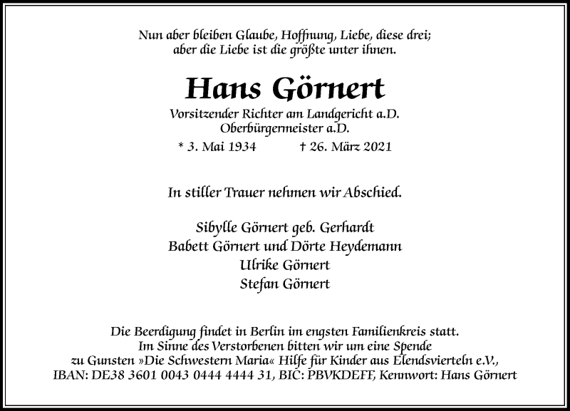  Traueranzeige für Hans Görnert vom 08.04.2021 aus 201 Wetzlarer Neue Zeitung