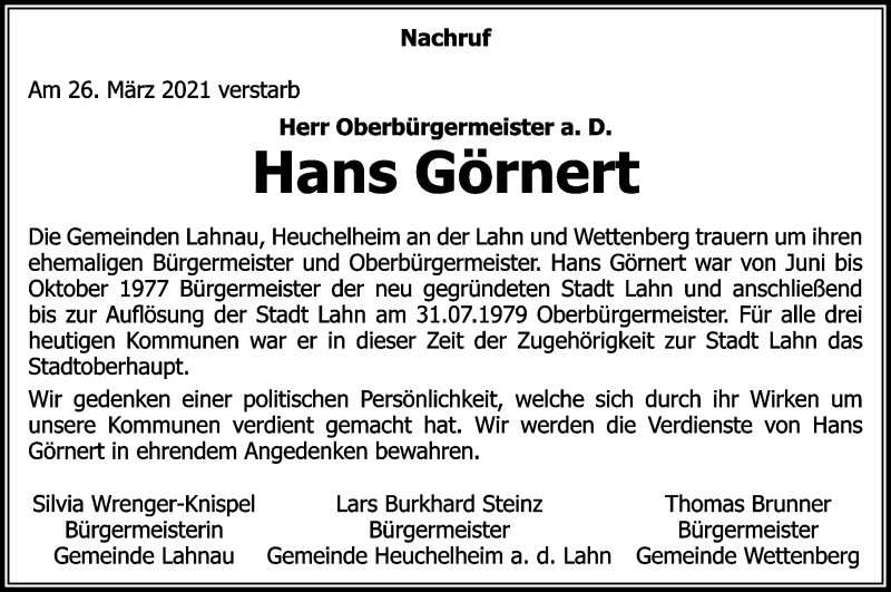  Traueranzeige für Hans Görnert vom 03.04.2021 aus 560 Gießener Anzeiger