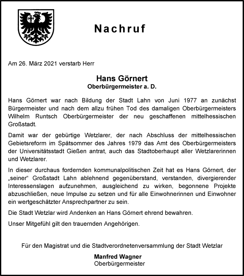  Traueranzeige für Hans Görnert vom 10.04.2021 aus 201 Wetzlarer Neue Zeitung