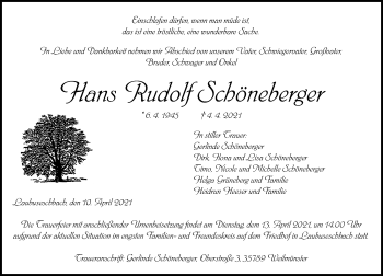 Traueranzeige von Hans Rudolf Schöneberger von 206 Weilburger Tageblatt