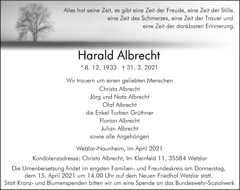  Traueranzeige für Harald Albrecht vom 12.04.2021 aus 201 Wetzlarer Neue Zeitung