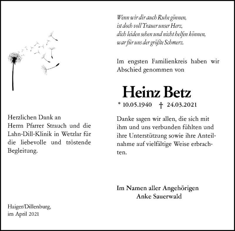  Traueranzeige für Heinz Betz vom 12.04.2021 aus 202 Dill Block
