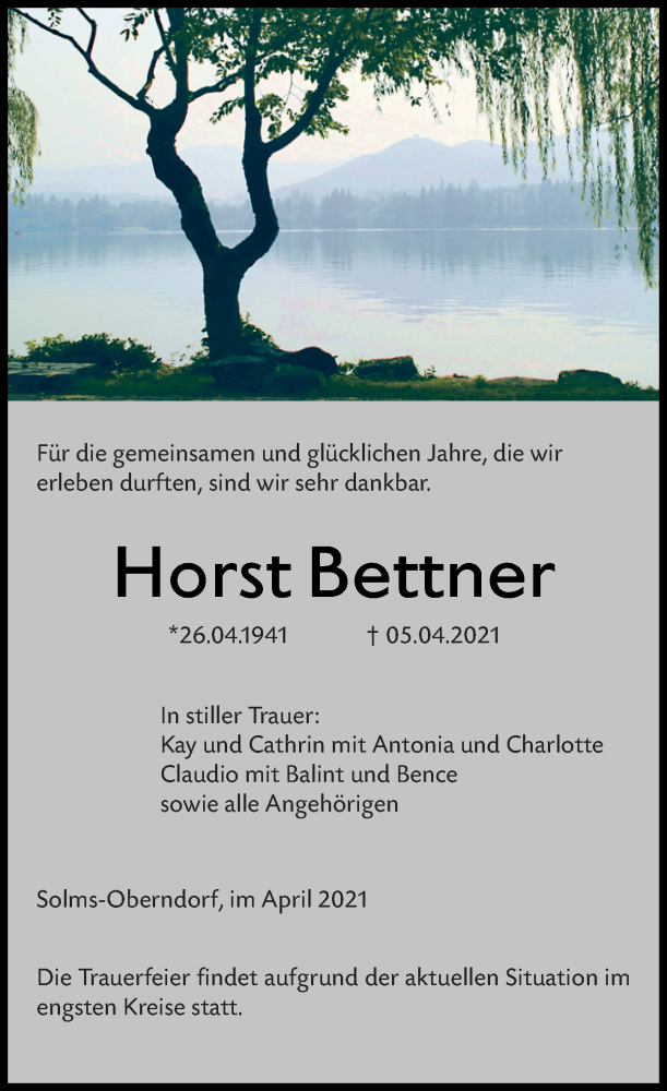  Traueranzeige für Horst Bettner vom 08.04.2021 aus 206 Weilburger Tageblatt
