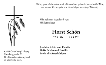 Traueranzeige von Horst Schön von 201 Wetzlarer Neue Zeitung