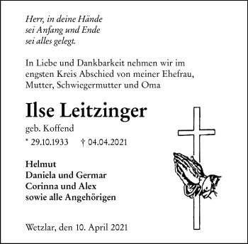 Traueranzeige von Ilse Leitzinger von 201 Wetzlarer Neue Zeitung