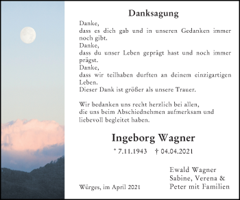 Traueranzeige von Ingeborg Wagner von 582 Camberger Anzeiger
