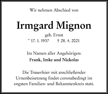 Traueranzeige von Irmgard Mignon von 201 Wetzlarer Neue Zeitung
