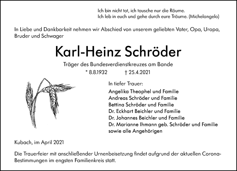  Traueranzeige für Karl-Heinz Schröder vom 30.04.2021 aus 206 Weilburger Tageblatt