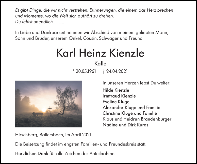  Traueranzeige für Karl Heinz Kienzle vom 29.04.2021 aus 202 Dill Block