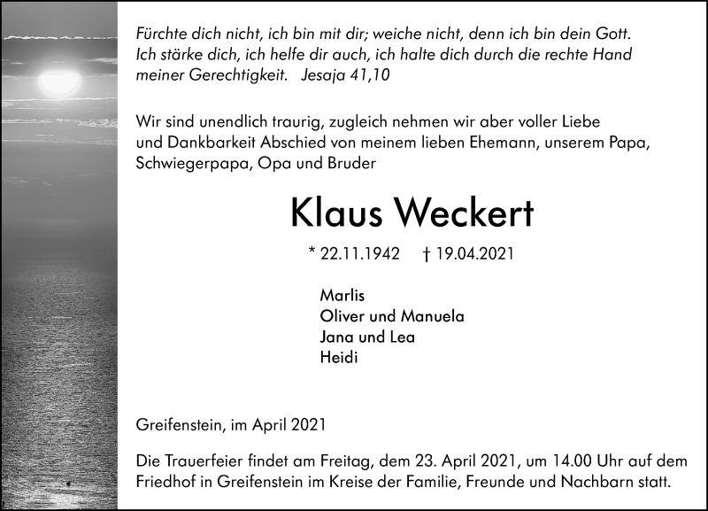  Traueranzeige für Klaus Weckert vom 21.04.2021 aus 201 Wetzlarer Neue Zeitung