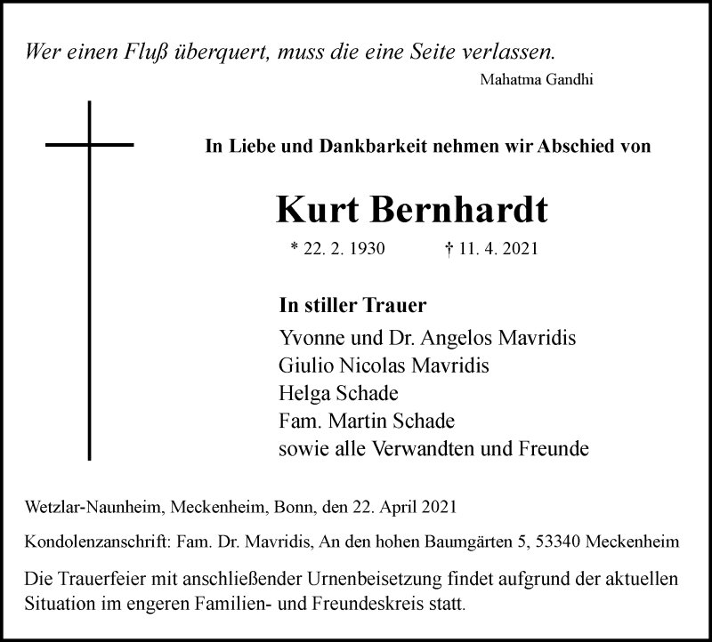  Traueranzeige für Kurt Bernhardt vom 24.04.2021 aus 201 Wetzlarer Neue Zeitung