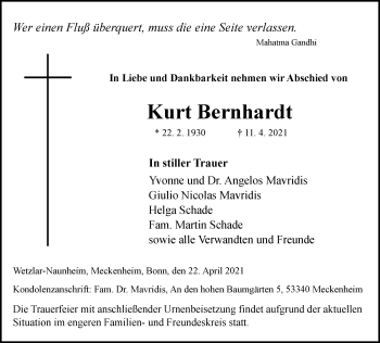 Traueranzeige von Kurt Bernhardt von 201 Wetzlarer Neue Zeitung